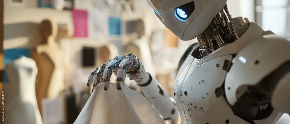 Poster robot designer in fashion studio, sketching ideas and creating clothing patterns with advanced techn