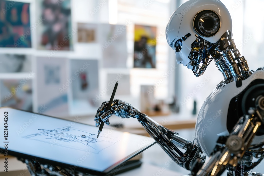 Poster robot, digital artist at workstation creating sketches on tablet, blending technology with creativit