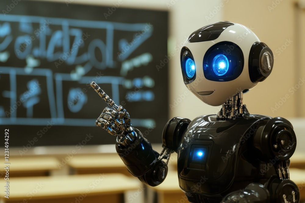 Poster robot educator pointing at a digital blackboard in a classroom, illustrating advanced technology in 