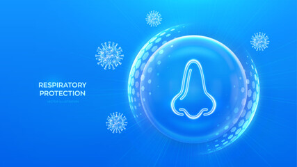 Human nose and respiratory system care. Protection from viruses, dust and allergens. Healthcare. Virus cell. Nose icon inside protection sphere shield with hexagon pattern. Vector illustration.
