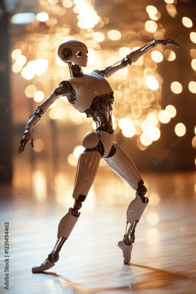 Poster robot figure in dynamic pose with soft bokeh background, symbolizing innovation in technology, art, 