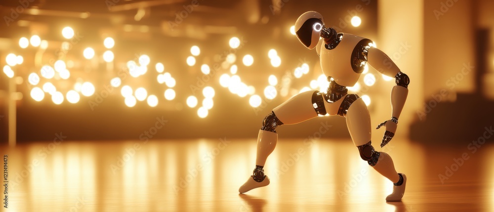 Poster robot figure in dynamic pose, showcasing advanced design and technology in modern art. futuristic co