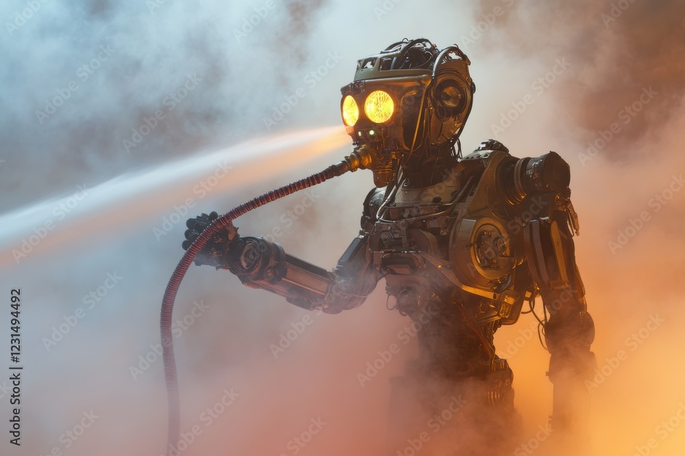 Poster robot firefighter using a hose to combat flames in a smoky environment, showcasing advanced technolo