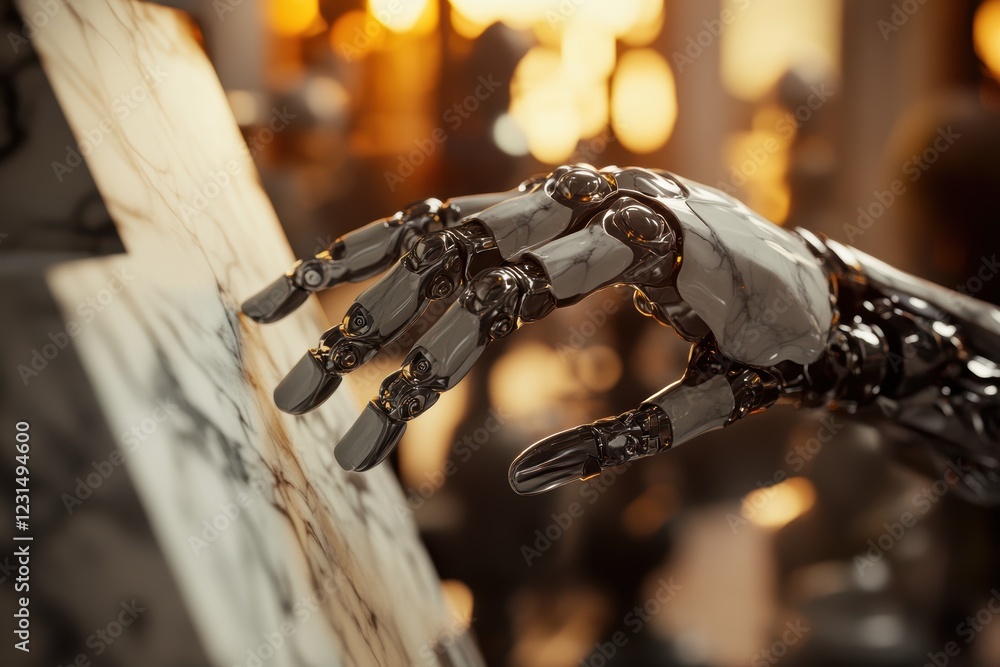 Poster robot hand engaging with art on canvas in a futuristic gallery, showcasing creativity and technology