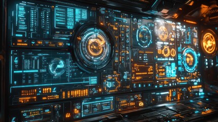 Fototapeta premium Spaceship control panel displays data, futuristic cockpit, glowing orange and blue interface
