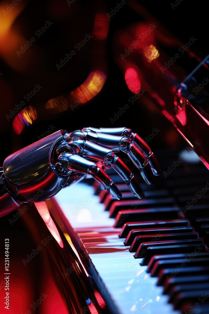Poster robot hand playing piano with colorful lights in background, showcasing the fusion of technology and