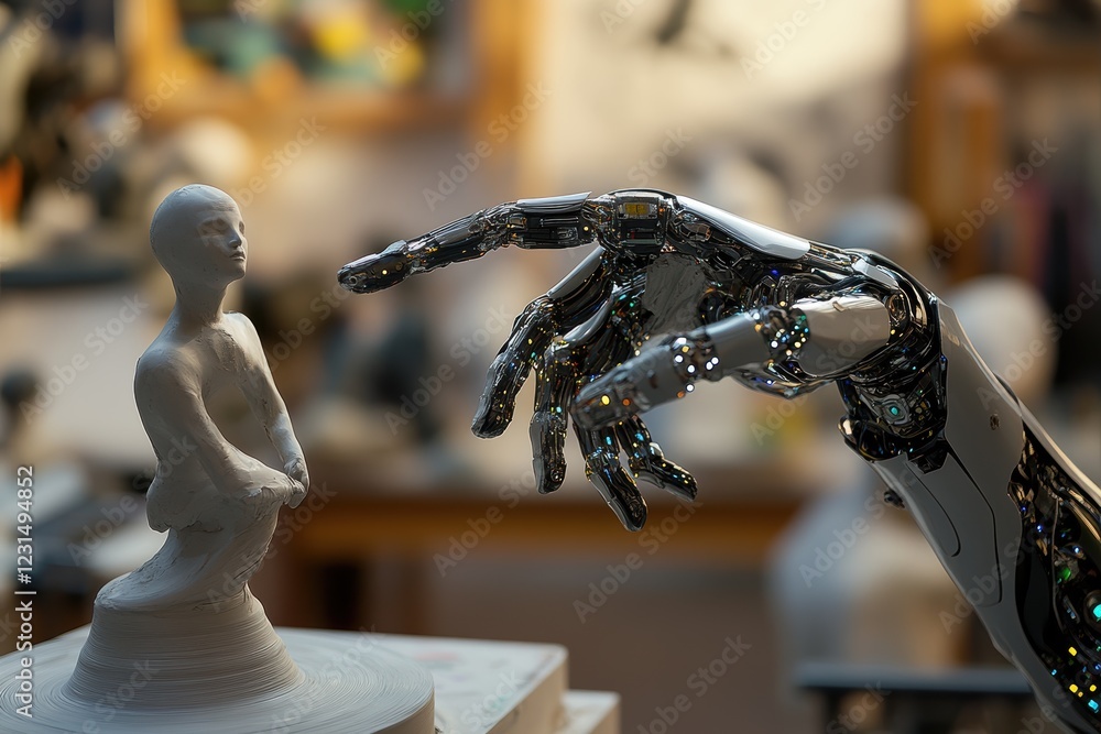 Poster robot hand reaching out to touch a sculpted figure in an art studio, showcasing the intersection of 