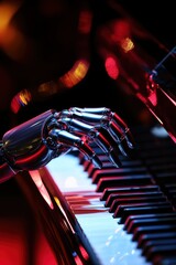 Fototapeta premium Robot hand playing piano with colorful lights in background, showcasing the fusion of technology and music. Innovation in artificial intelligence and creativity.