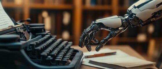 Fototapeta premium Robot hand reaching for vintage typewriter in library, symbolizing the intersection of technology and traditional writing, innovation in communication, and future storytelling.