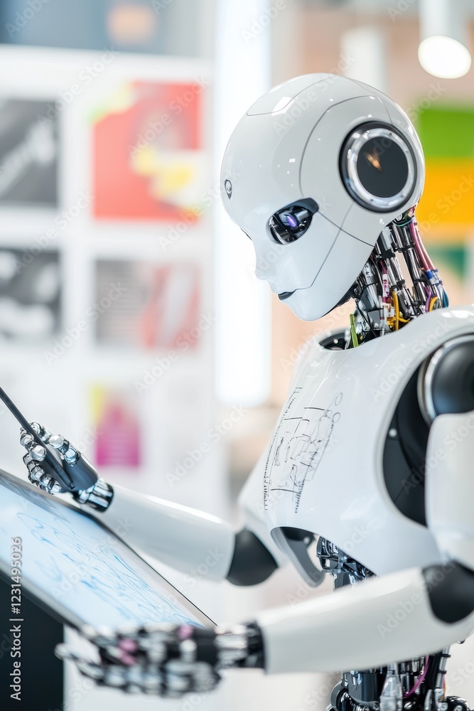 Poster robot holding a tablet, engaging with digital data in a modern workspace, showcasing advancements in
