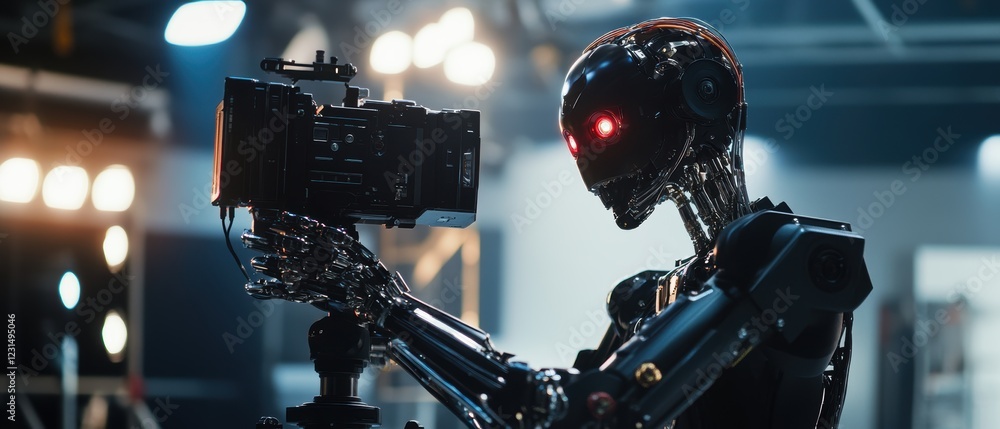 Poster robot holding camera for filming in a modern studio setting, showcasing advanced technology and inno