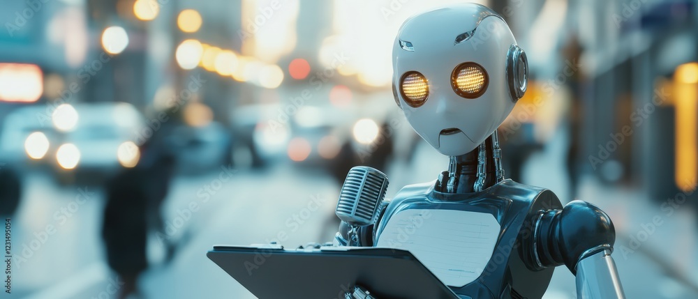 Poster robot holding clipboard in urban setting with blurred city life, technology and automation in modern