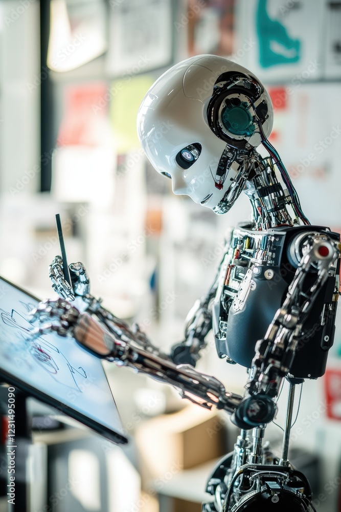Poster robot, innovative technology and digital art creation with a stylus on a tablet, showcasing the futu