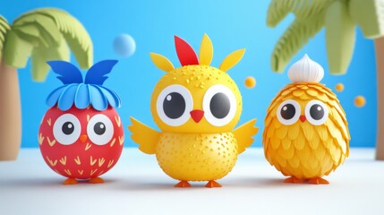 Fototapeta premium Three Adorable Cartoon Chick Figurines on a Blue Background