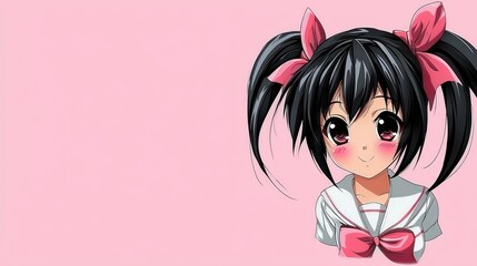 Fototapeta premium Anime girl, pink background, school uniform, cheerful expression, social media