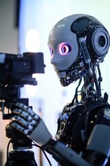 Fototapeta premium Robot operating a camera for video recording in media production setting, showcasing advancements in artificial intelligence and robotics technology in multimedia.