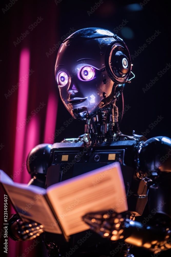 Poster robot reading a book under stage lights, showcasing advancements in artificial intelligence and tech