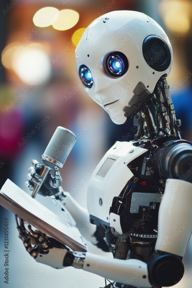 Poster robot reading a book with microphone, exploring artificial intelligence concepts, technology innovat