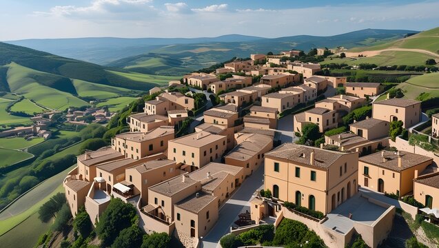 A hilltop village nestled amidst rolling green hills under a partly cloudy sky, featuring tightly packed houses with terracotta roofs, showcasing a serene and rustic countryside scene.