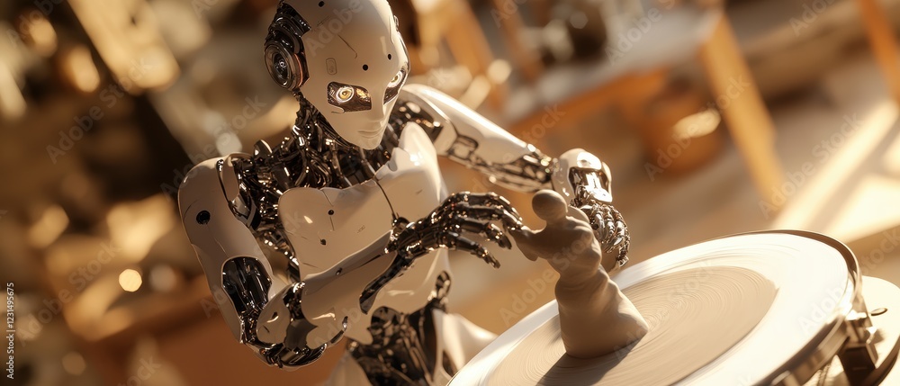 Poster robot sculpting pottery on a wheel in a workshop, showcasing advancements in technology, creativity,