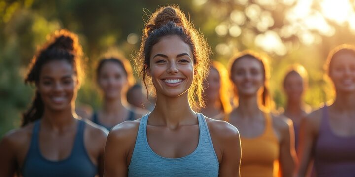 Diverse group of people participating in a wellness event or fitness class together outdoor nature view, promoting a sense of community support for health, Generative AI