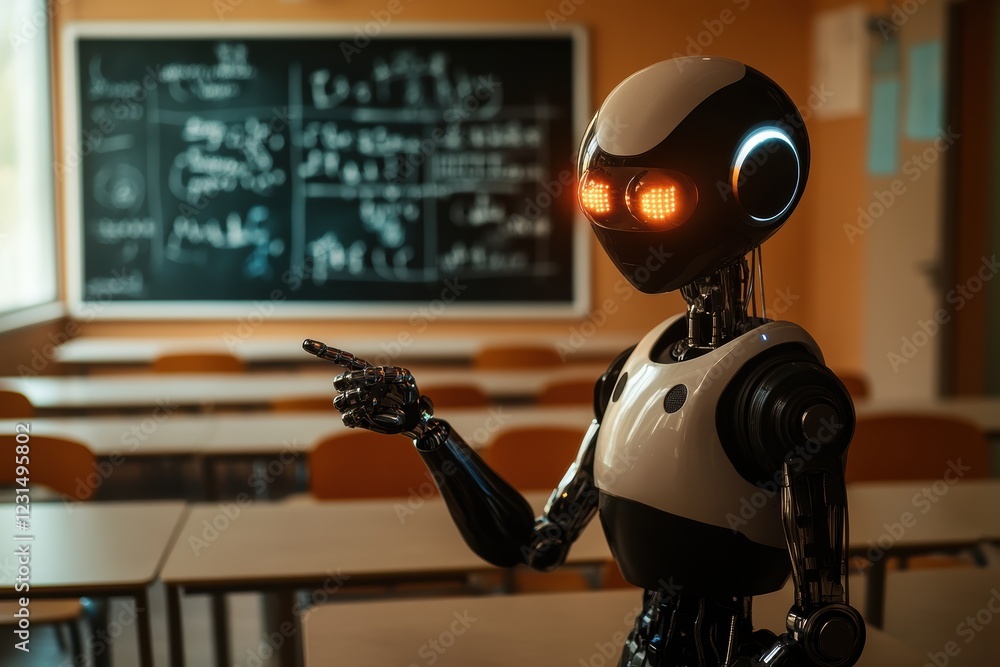 Poster robot teaching in an empty classroom, showcasing ai technology in education. futuristic learning, di
