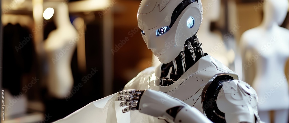 Poster robot, technology and fashion display in a modern store showcasing innovative retail solutions. auto
