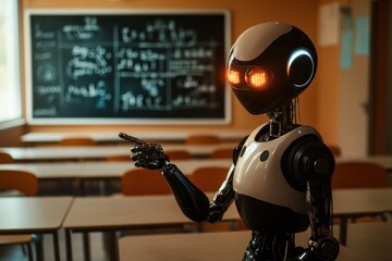 Robot teaching in an empty classroom, showcasing AI technology in education. Futuristic learning, digital tools, and innovative classroom environments depicted.