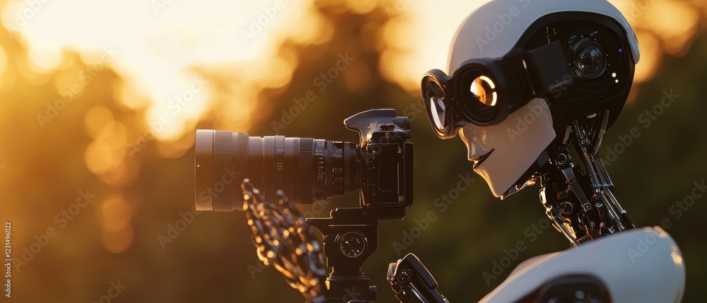 Poster robot using a camera in a sunset setting, showcasing advanced technology in photography, artificial 