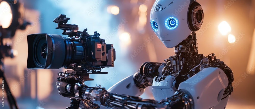 Poster robot with camera capturing images in a modern studio setting. innovation, technology, and photograp