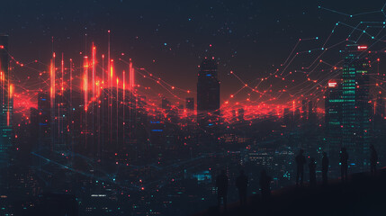 Fototapeta premium Abstract business team stands on the peak of success amid tall, innovative Smart city and graphs with statistics to analyze business potential and predict future developments in company growth.