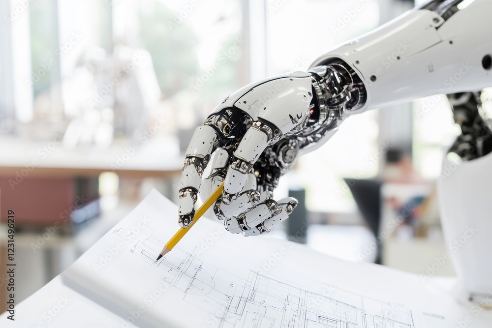 Poster robotic hand holding a pencil and sketching designs on blueprints in a modern workspace. technology,