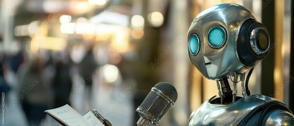 Poster robot with microphone speaking in public space, showcasing advancements in artificial intelligence a