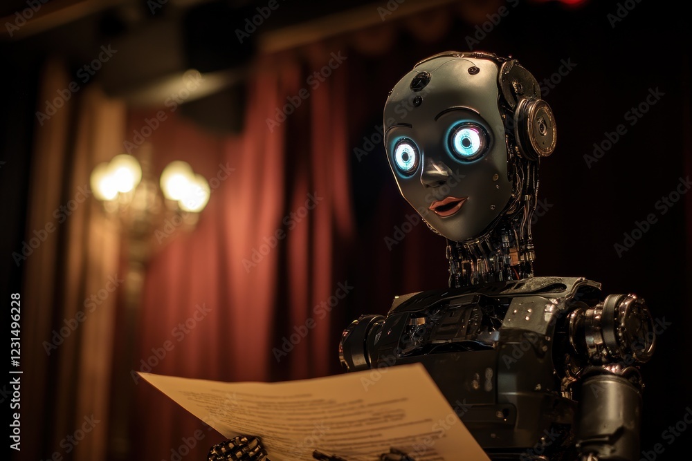 Poster robot with glowing eyes reading a script on stage in a theater, showcasing advancements in ai, techn