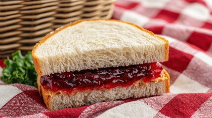 Fresh Peanut Butter and Jelly Sandwich on Tablecloth