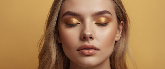 Close-up of a woman with eyes closed, showcasing a golden eyeshadow look against a warm yellow backdrop.  The focus is on her makeup and serene expression. make up cosmetics concept 