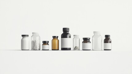 Assorted clear and amber glass bottles with blank labels on white background.