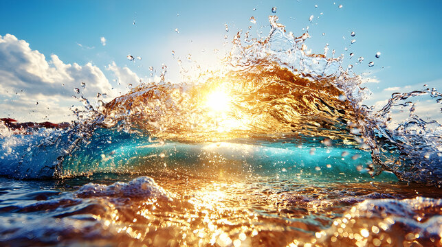 Ocean wave sunrise, splashing water, sunlit beach