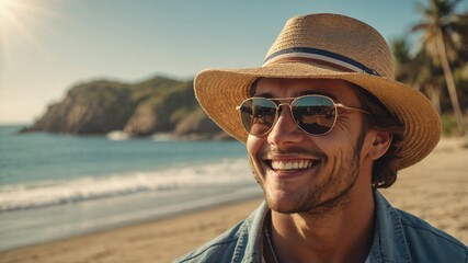 Smiling man enjoying a sunny beach day, wearing a straw hat and sunglasses.