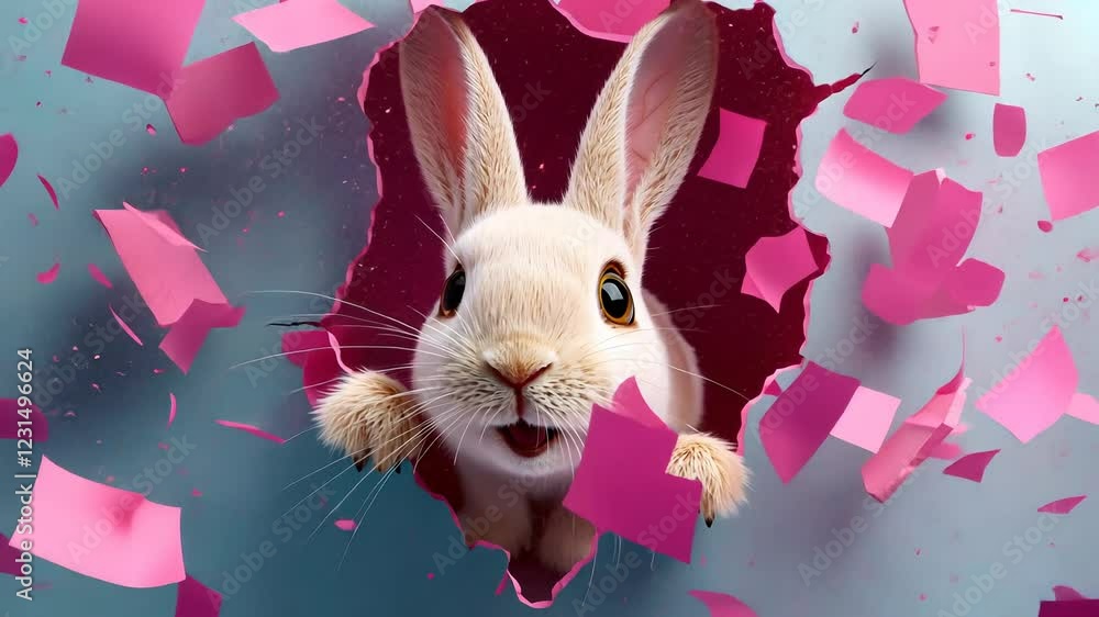 Poster rabbit is peeking out of a pink wall. the rabbit is looking at the camera with a surprised expressio
