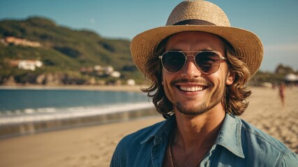 Smiling man enjoying a sunny beach day, wearing a straw hat and sunglasses.