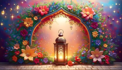 Elegant Ramadan Kareem Background with Lanterns, Crescent Moon, and Floral Patterns in Gold and Blue