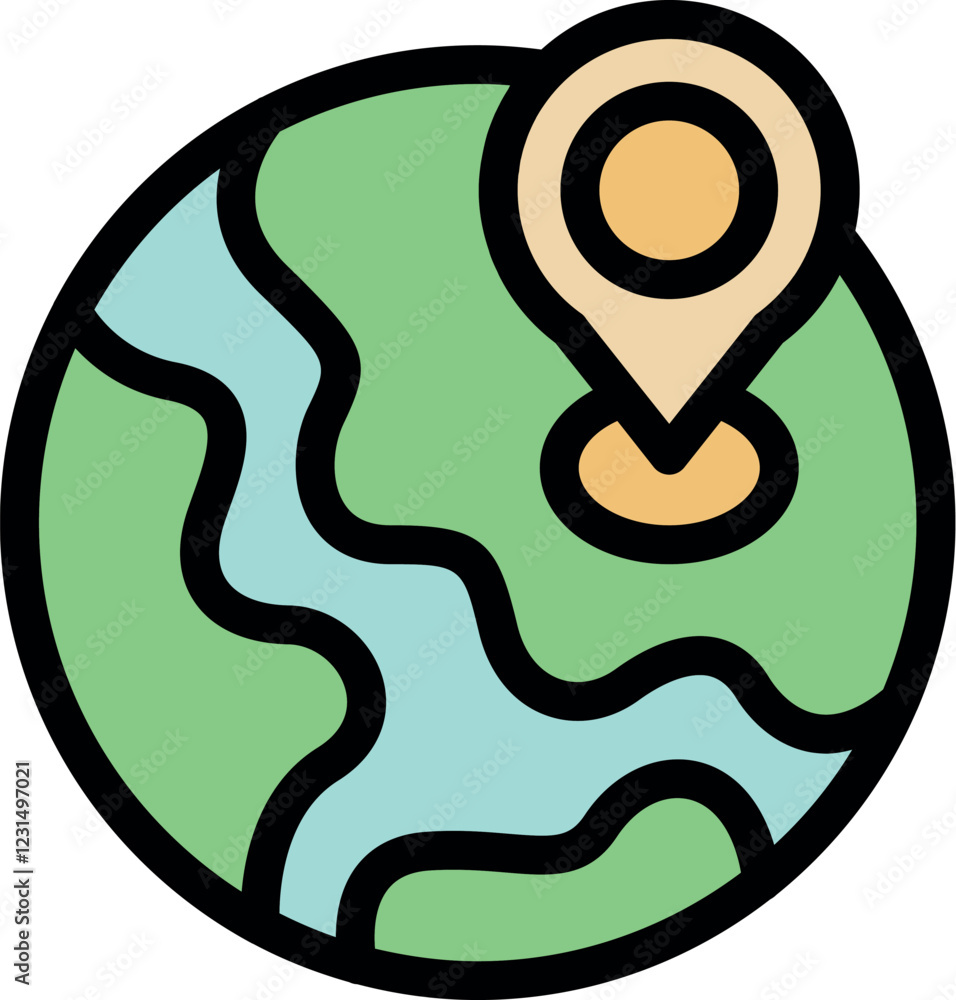 Poster location pin icon marking a specific spot on planet earth, representing global positioning and navig