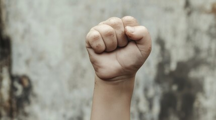 Close-up of a child's fist raised in the air against a textured background.