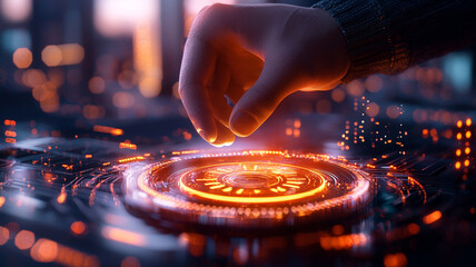 A Hand Interacting With a Futuristic Glowing Circular Interface Against a Blurred Nightscape City Background