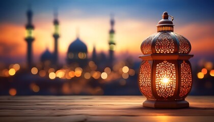 Elegant Ramadan Kareem Background with Lanterns, Crescent Moon, and Floral Patterns in Gold and Blue