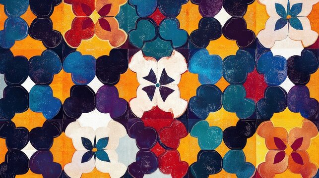 Intricate Floral Tile Pattern: A captivating close-up of vibrant and intricate floral tile pattern in a kaleidoscope of colors.