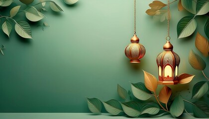 Elegant Ramadan Kareem Background with Lanterns, Crescent Moon, and Floral Patterns in Gold and Blue