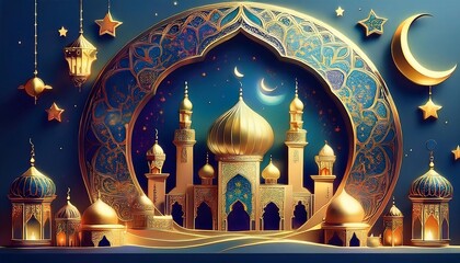 Obraz premium Elegant Ramadan Kareem Background with Lanterns, Crescent Moon, and Floral Patterns in Gold and Blue