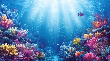 Obraz premium Vibrant coral reef, sunlit ocean, fish, underwater scene, nature background, marine life, aquarium, poster